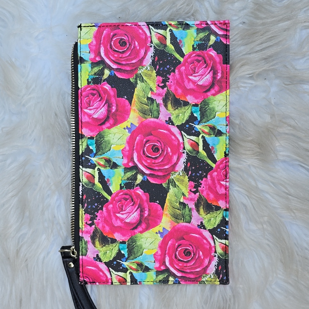 Juicy Couture Black Multi Rose Gothic Logo Stripe Wristlet Wallet Floral Flowers - Picture 7 of 9